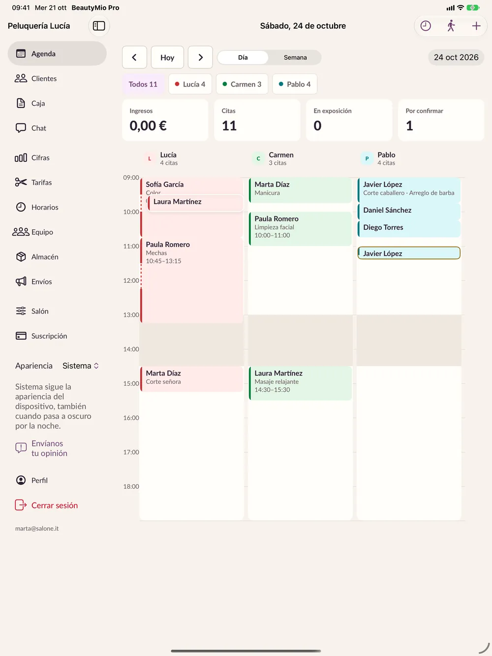 La agenda de BeautyMio Pro en iPad