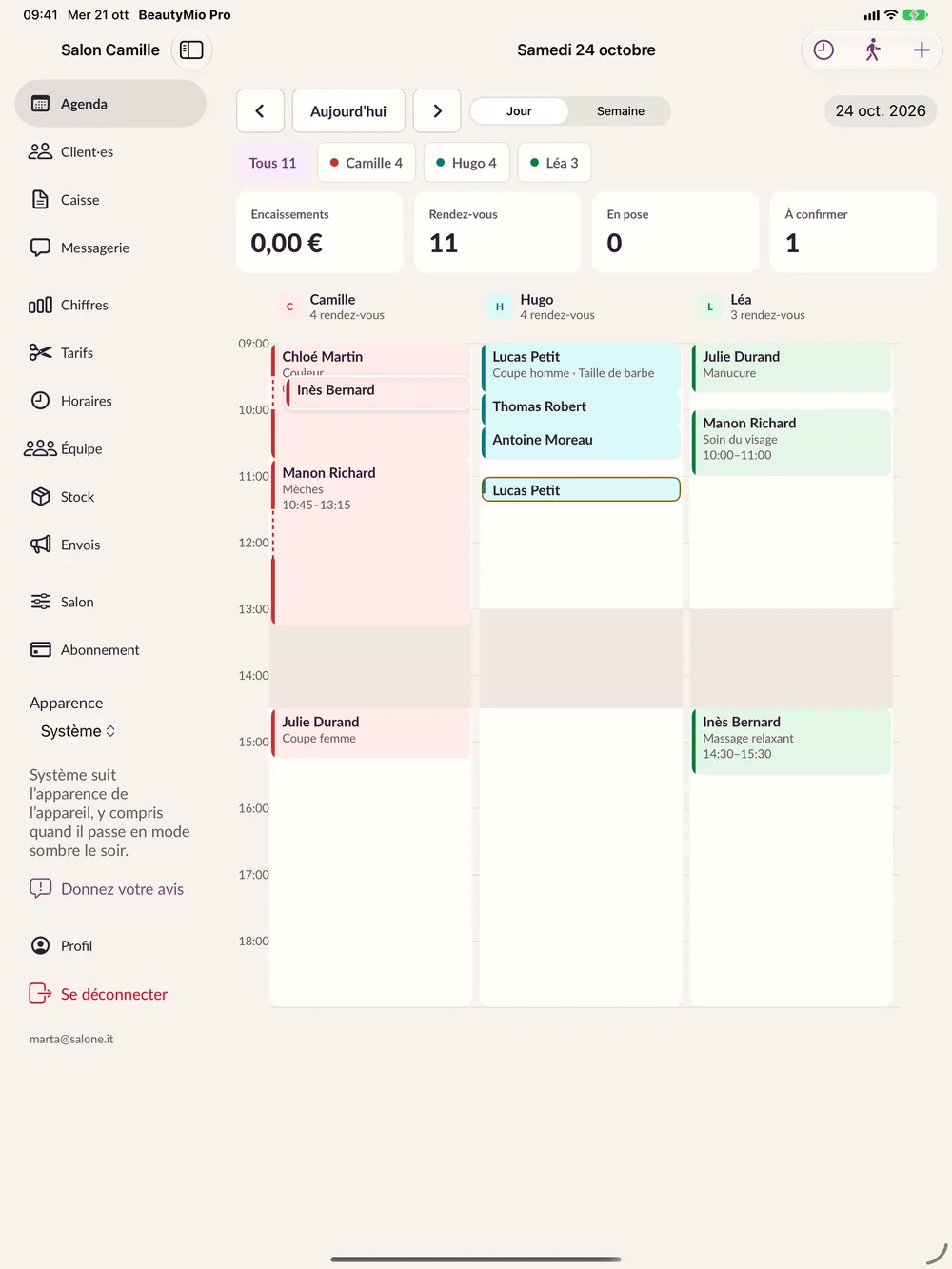 L’agenda de BeautyMio Pro sur iPad